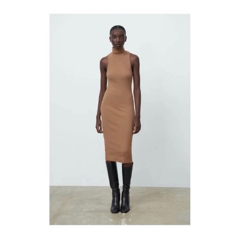 Zara Ribbed Turtleneck Sleeveless Midi Dress, Camel, Small
